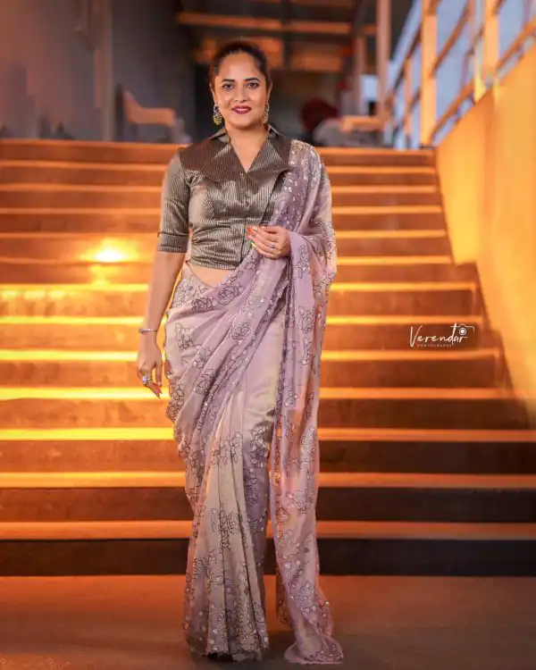 Anasuya Bharadwaj Purple Organza Silk Embroidery Thread Saree