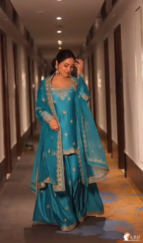 Artful Blue Color Chinnon Silk Embroidery Sequence Salwar Suit