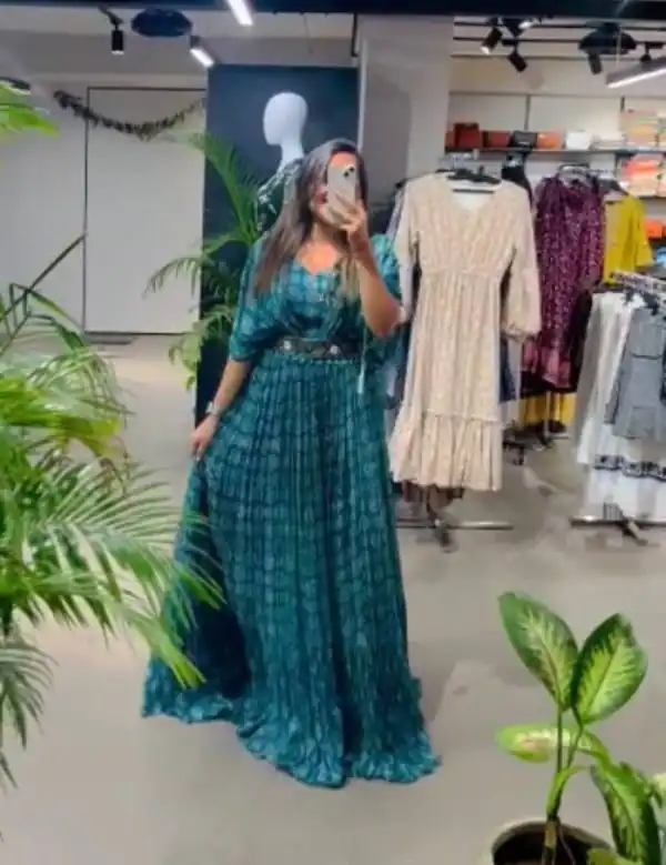 Artful Blue Georgette Digital Print Handwork Real Khatli Gown