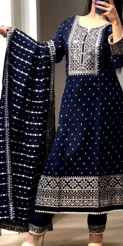 Artful Navy Blue Color Chinnon Embroidery Sequence Salwar Suit
