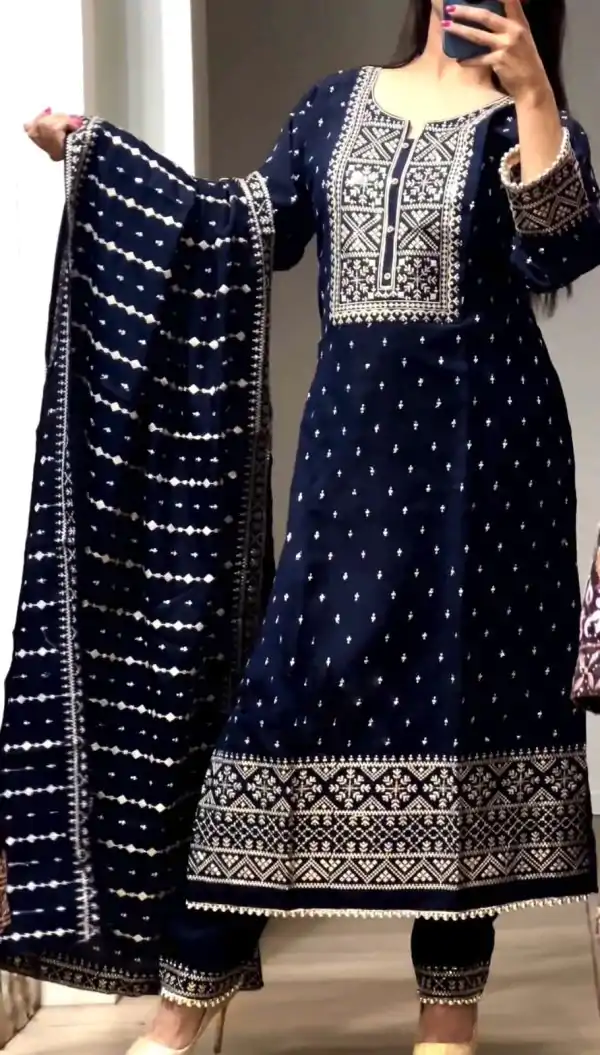 Artful Navy Blue Color Chinnon Embroidery Sequence Salwar Suit