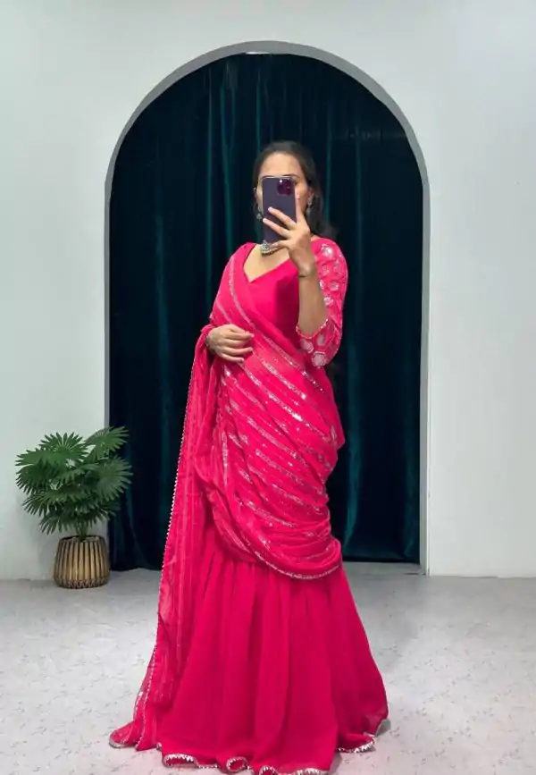 Artful Pink Color Georgette Embroidery Moti Work Lehenga Saree