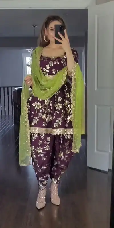 Artful Purple Color Georgette Less Patti Work Sleeve Salwar Suit                                                                    