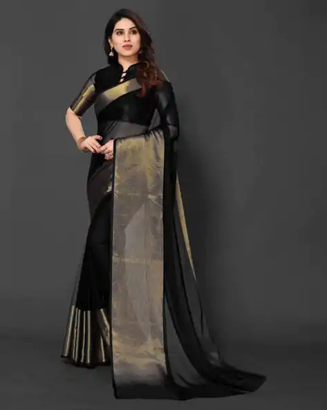 Beautiful Black Color Chiffon Running Chiffon Blouse Work Saree