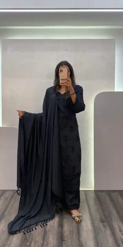 Beautiful Black Color Maslin Thread Embroidery Salwar Suit