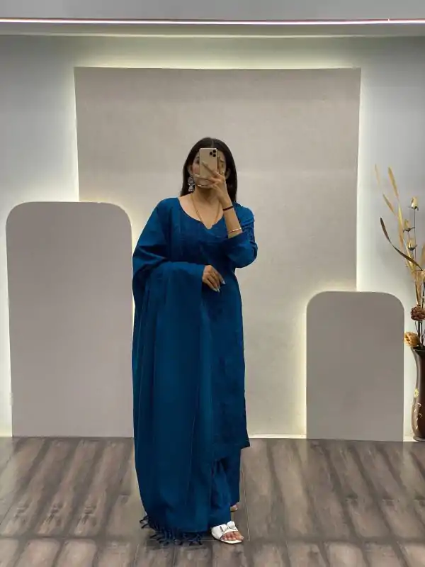 Beautiful Blue Color Maslin Thread Embroidery Salwar Suit