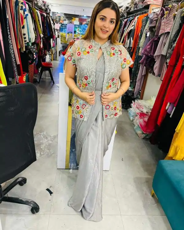 Beautiful Grey Color Chinon Silk Embroidered Sequence Saree