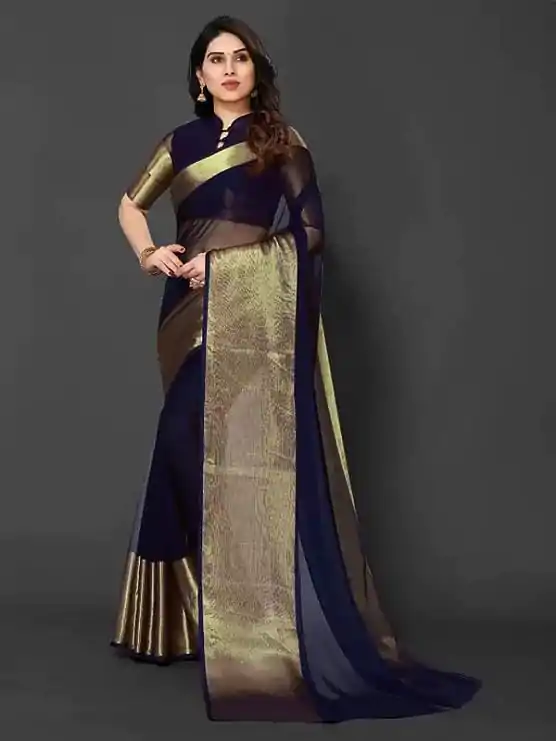 Beautiful Navy Blue Color Chiffon Running Chiffon Blouse Saree