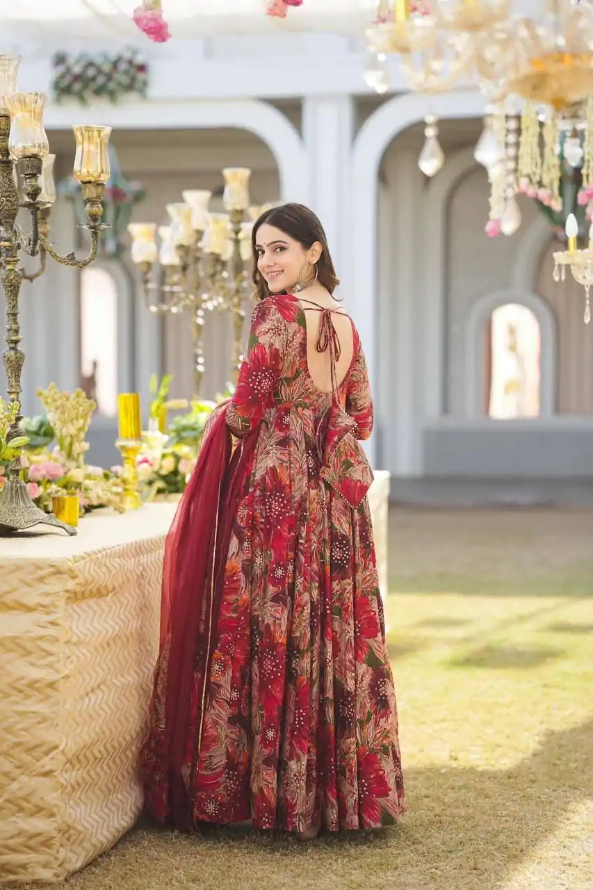 Beautiful Red Color Rayon Digital Printed Full Sleeves Gown - Image 6