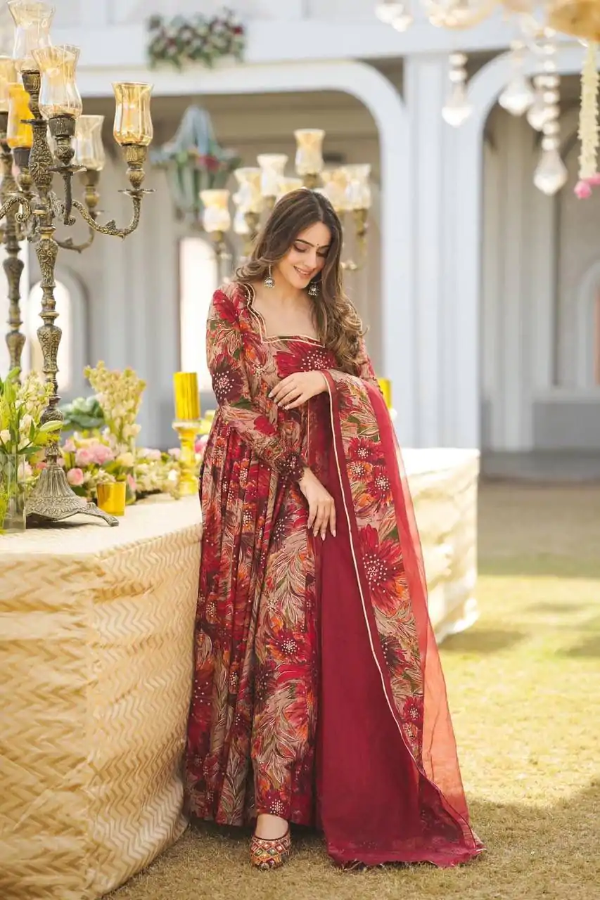 Beautiful Red Color Rayon Digital Printed Full Sleeves Gown - Image 4