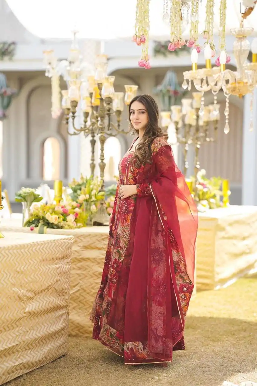 Beautiful Red Color Rayon Digital Printed Full Sleeves Gown - Image 3
