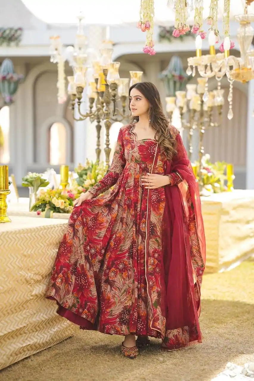 Beautiful Red Color Rayon Digital Printed Full Sleeves Gown - Image 2