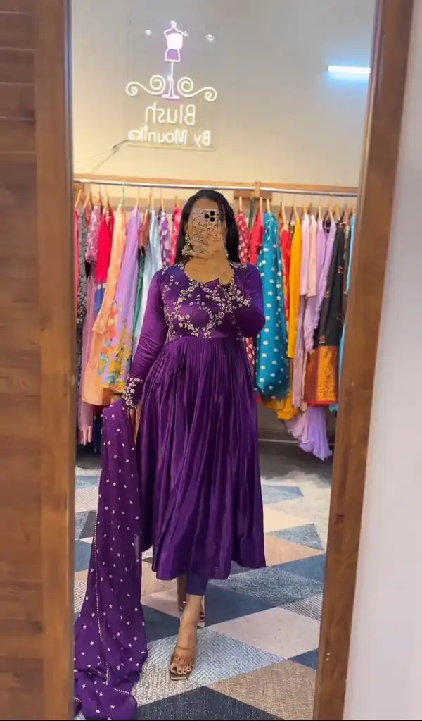Beautiful Violet Color Chinon Embroidery Thread Work Gown