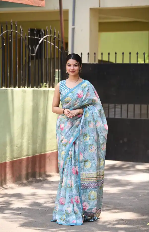 Classic Blue Color Linen Beautiful Digital Printed Work Saree