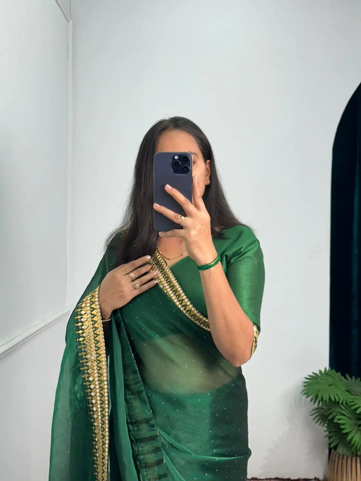Classic Green Color Burberry Foil And Zari Embroidery Work Saree - Image 3