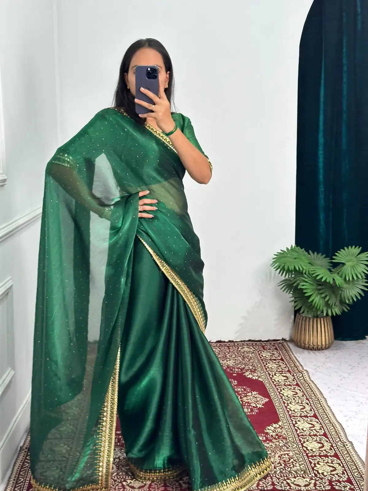 Classic Green Color Burberry Foil And Zari Embroidery Work Saree