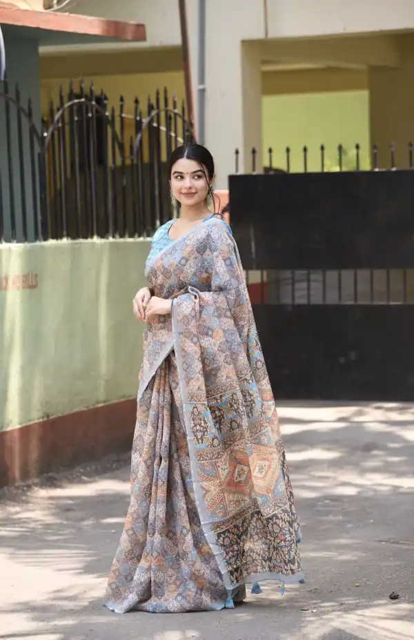 Classic Grey Color Linen Beautiful Digital Printed Work Saree