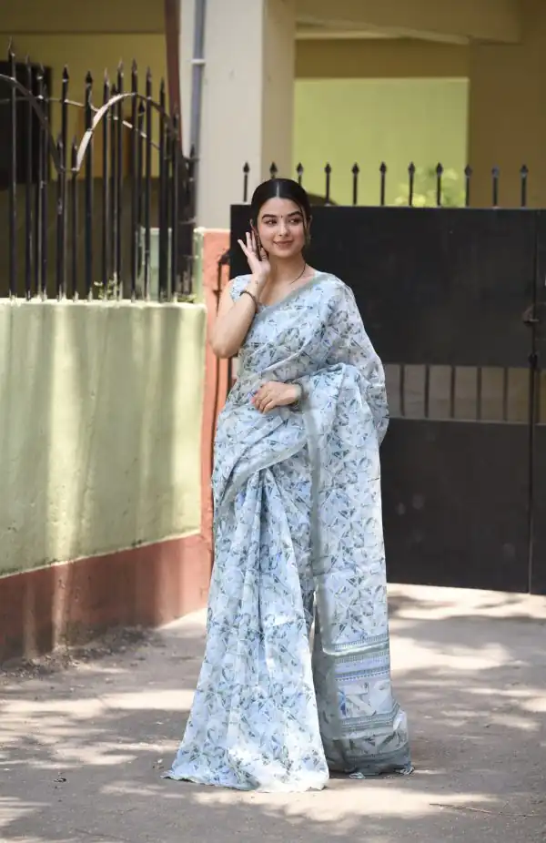 Classic Light Blue Color Linen Beautiful Digital Printed Work Saree