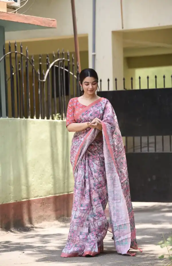Classic Light Purple Color Linen Beautiful Digital Printed Saree
