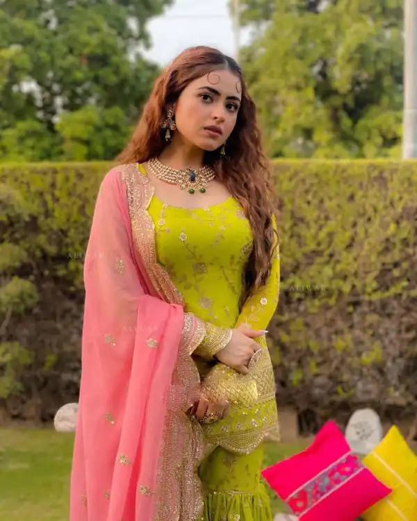 Classic Parrot Green Color Georgette Embroidery Sharara Suit