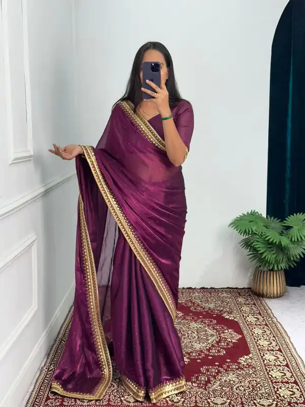 Classic Purple Color Burberry Foil And Zari Embroidery Work Saree