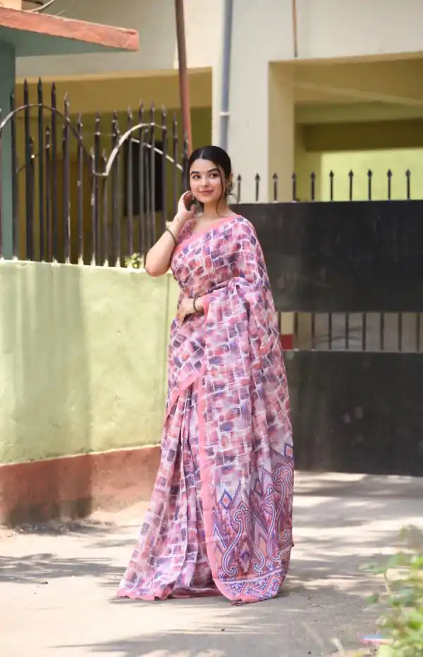 Classic Purple Color Linen Beautiful Digital Printed Work Saree
