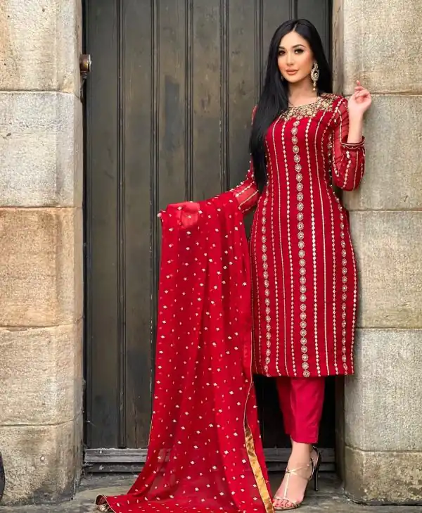 Classic Red Color Georgette Embroidery Sequence Salwar Suit