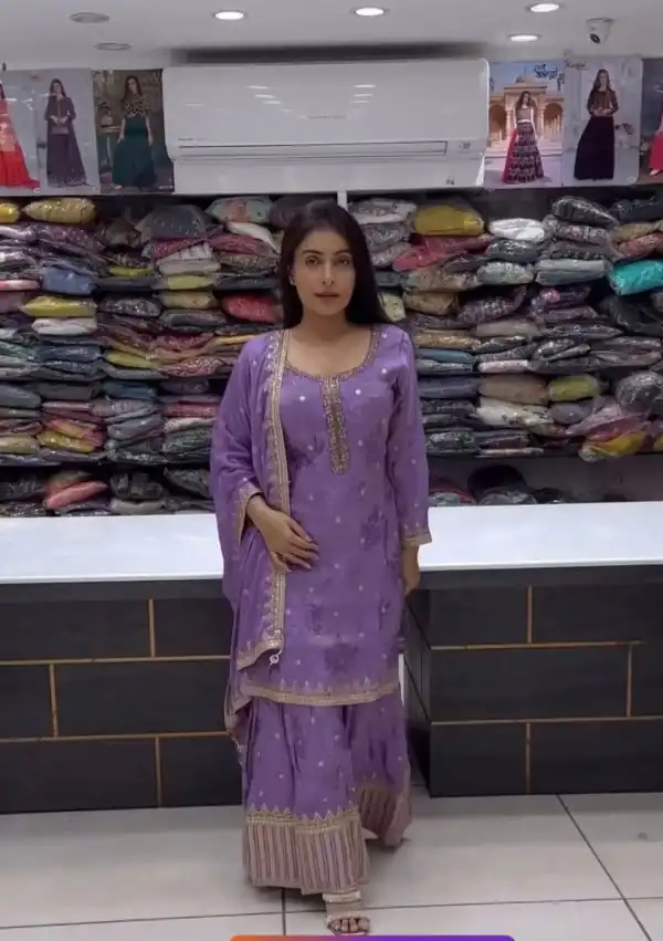 Classic Violet Color Chinnon Silk Embroidery Sequins Sharara Suit