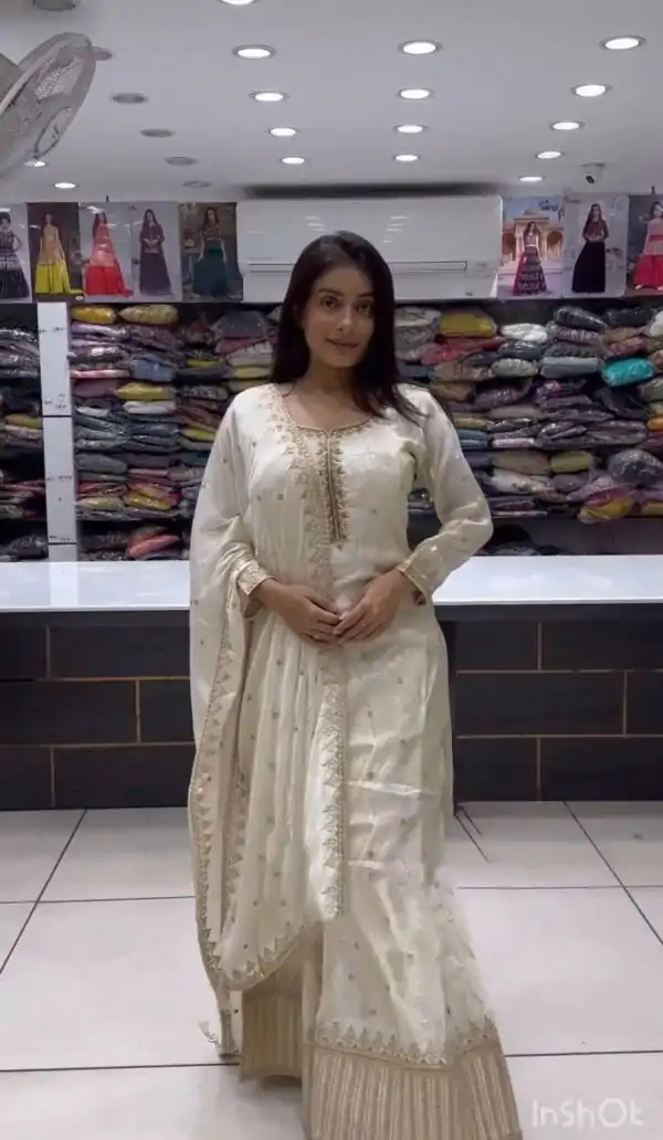 Classic White Color Chinnon Silk Embroidery Sequins Sharara Suit