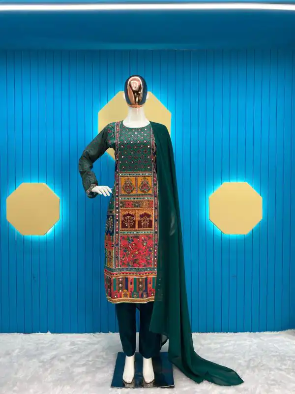 Dazzling Green Color Maslin Printed And Real Mirror Salwar Suit
