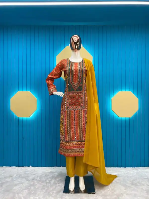 Dazzling Orange Color Maslin Printed And Real Mirror Salwar Suit