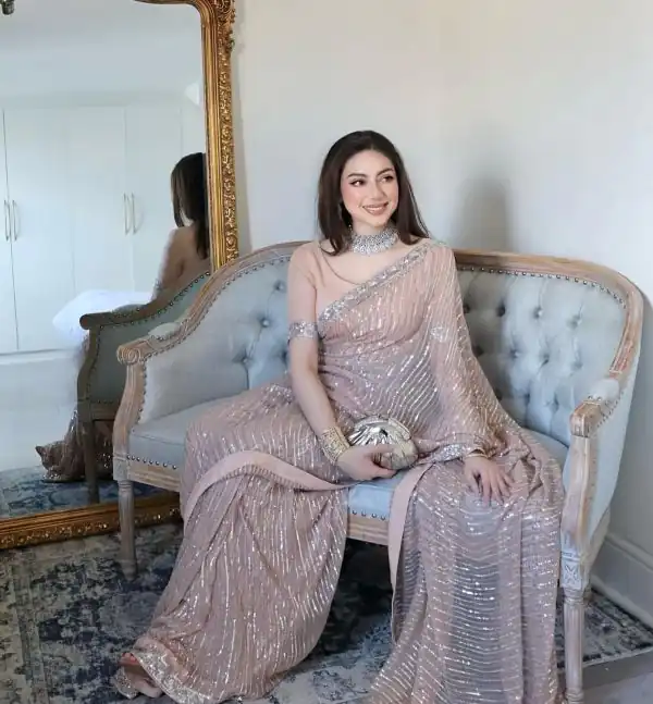 Dazzling Peach Color Georgette Embroidery Sequence Saree