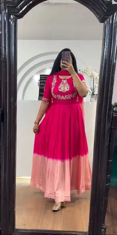 Dazzling Pink Color Chinon Dyeable Embroidery Thread Gown