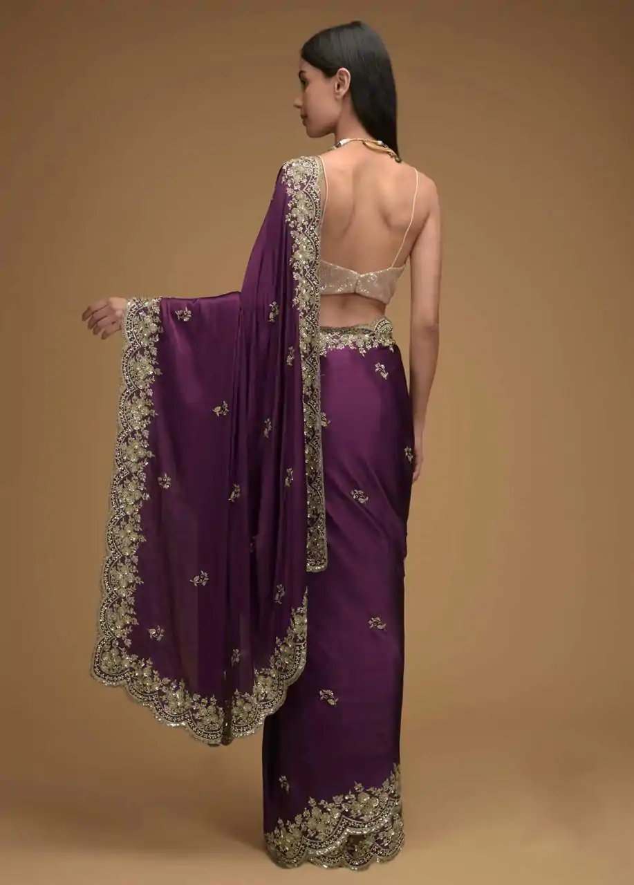 Dazzling Purple Color Rangoli Silk Embroidery Sequence Saree - Image 3