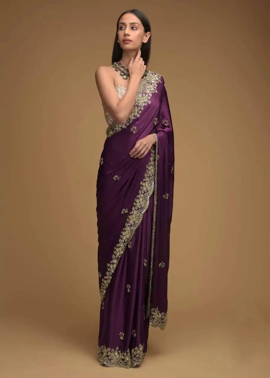 Dazzling Purple Color Rangoli Silk Embroidery Sequence Saree - Image 2