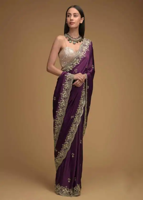 Dazzling Purple Color Rangoli Silk Embroidery Sequence Saree