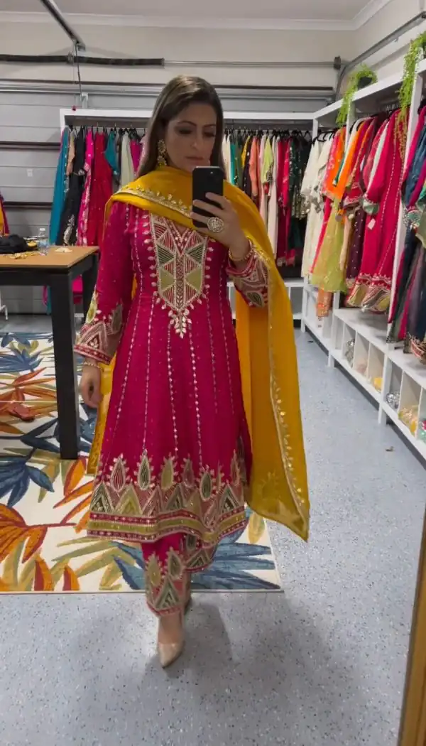 Dazzling Red Color Chinon Thread Sequence Work Salwar Suit