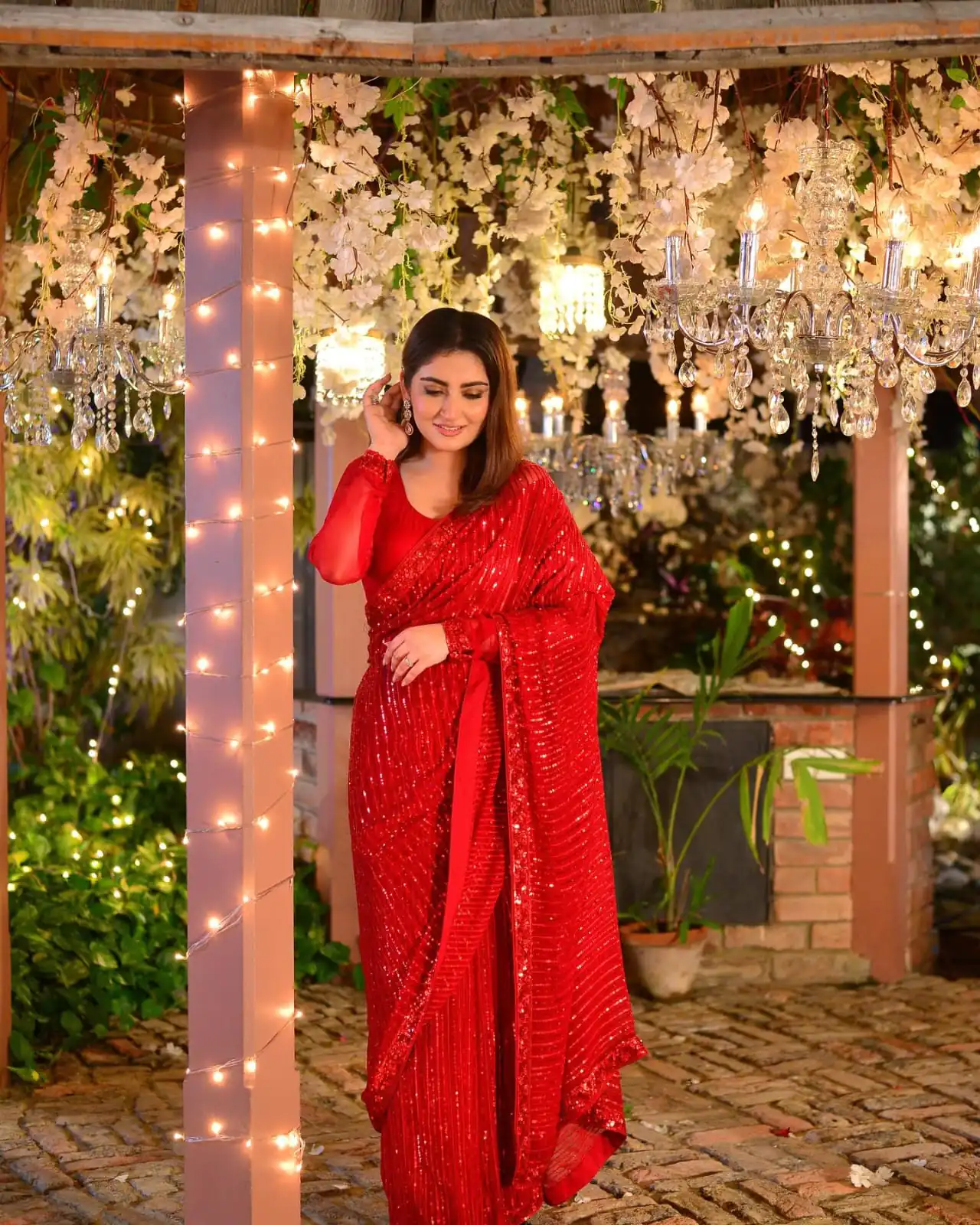 Dazzling Red Color Georgette Embroidery Sequence Work Saree - Image 3