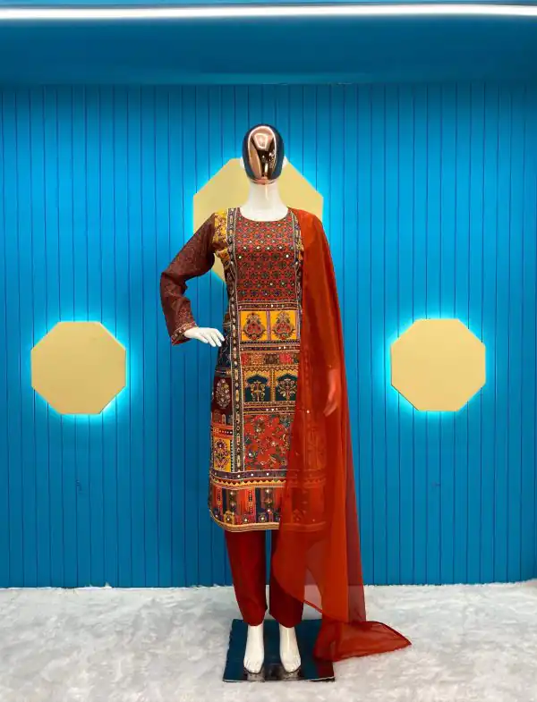 Dazzling Red Color Maslin Printed And Real Mirror Salwar Suit