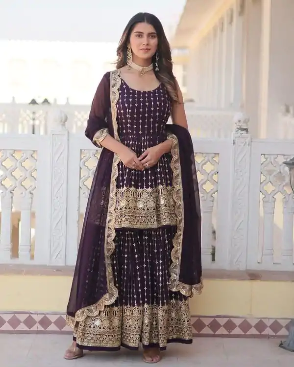 Dazzling Wine Color Georgette Sequence Embroidery Salwar Suit