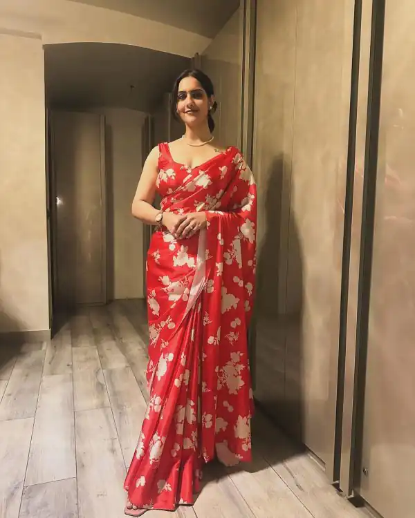 Diksha sharma Red Color Satin Silk Blouse Digital Print Saree