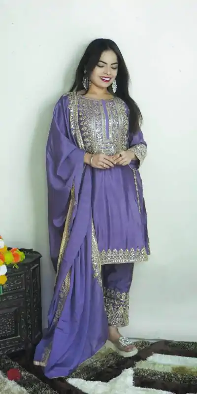 Elegant Dark Violet Color Chinnon Silk Embroidery Salwar Suit
