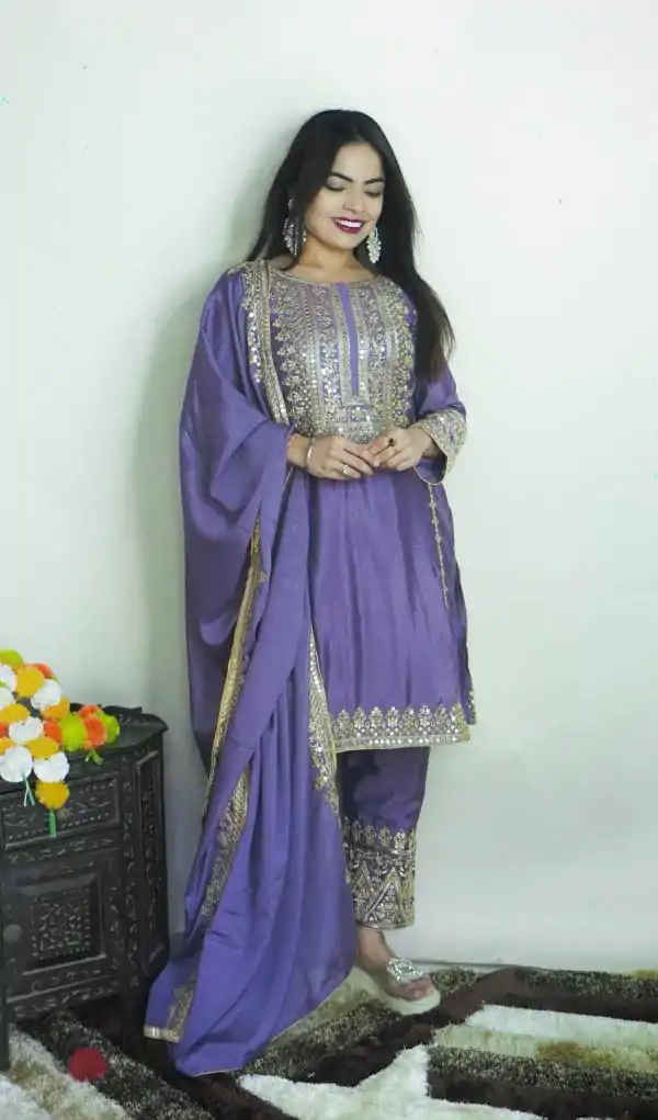 Elegant Dark Violet Color Chinnon Silk Embroidery Salwar Suit