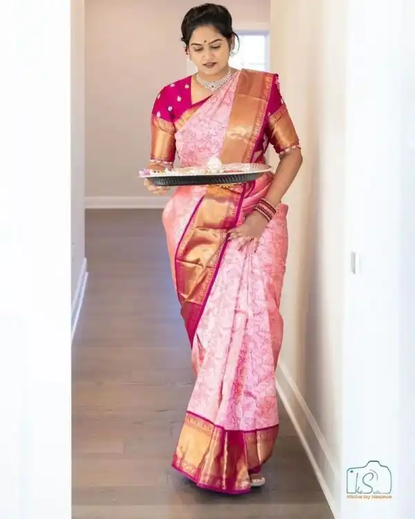 Elegant Pink Color Soft Silk Golden And Silver Zari Design Saree
