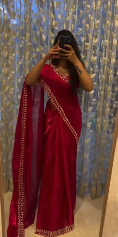 Elegant Red Color Soft Jimmy Choo Embroidery Sequence Saree