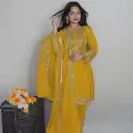 Elegant Yellow Color Pure Chinnon Silk Embroidery Salwar Suit
