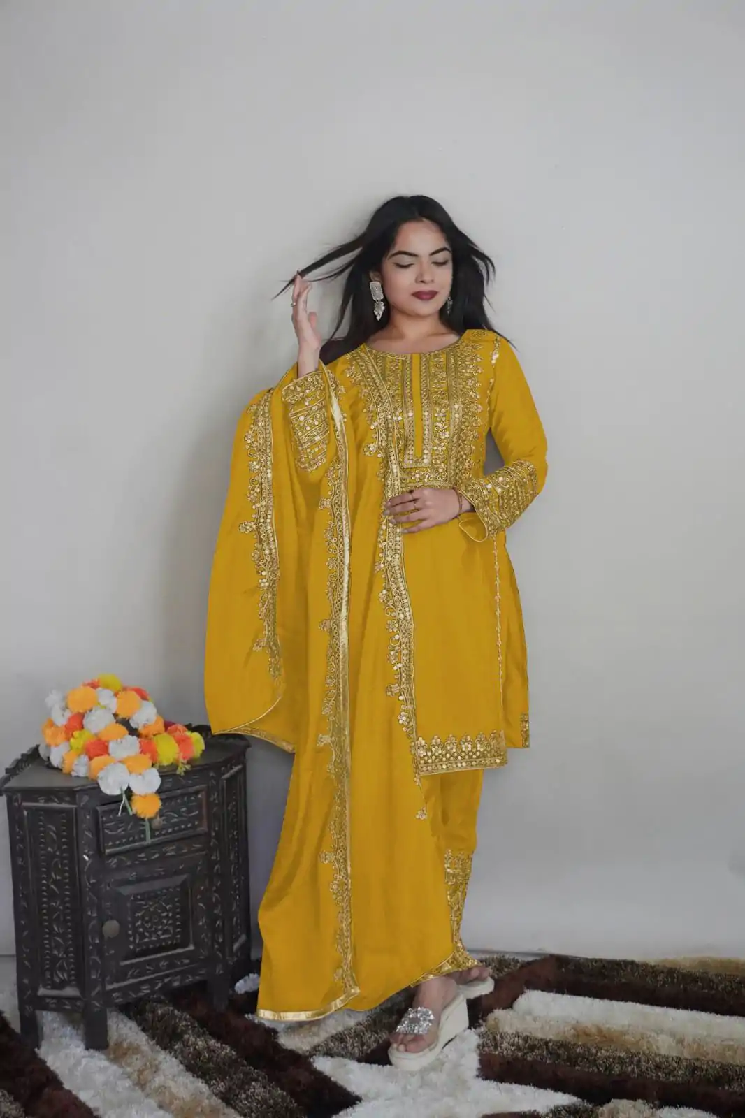 Elegant Yellow Color Pure Chinnon Silk Embroidery Salwar Suit