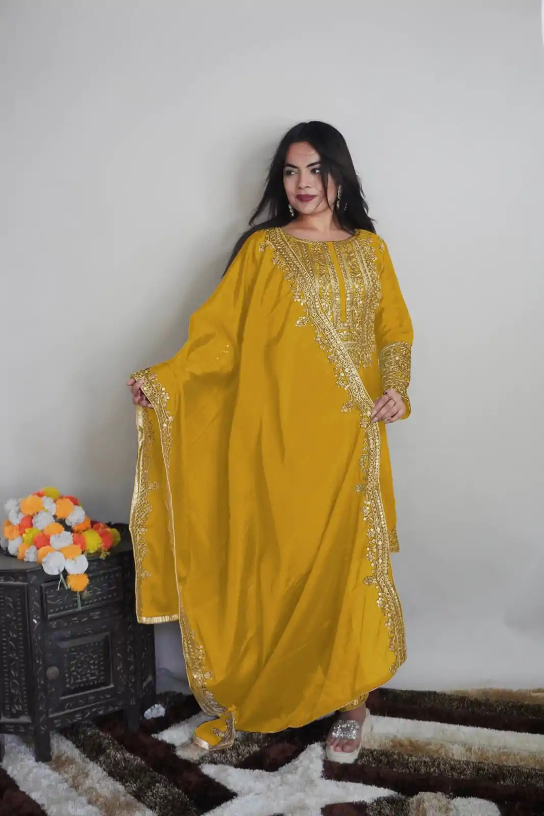 Elegant Yellow Color Pure Chinnon Silk Embroidery Salwar Suit - Image 2
