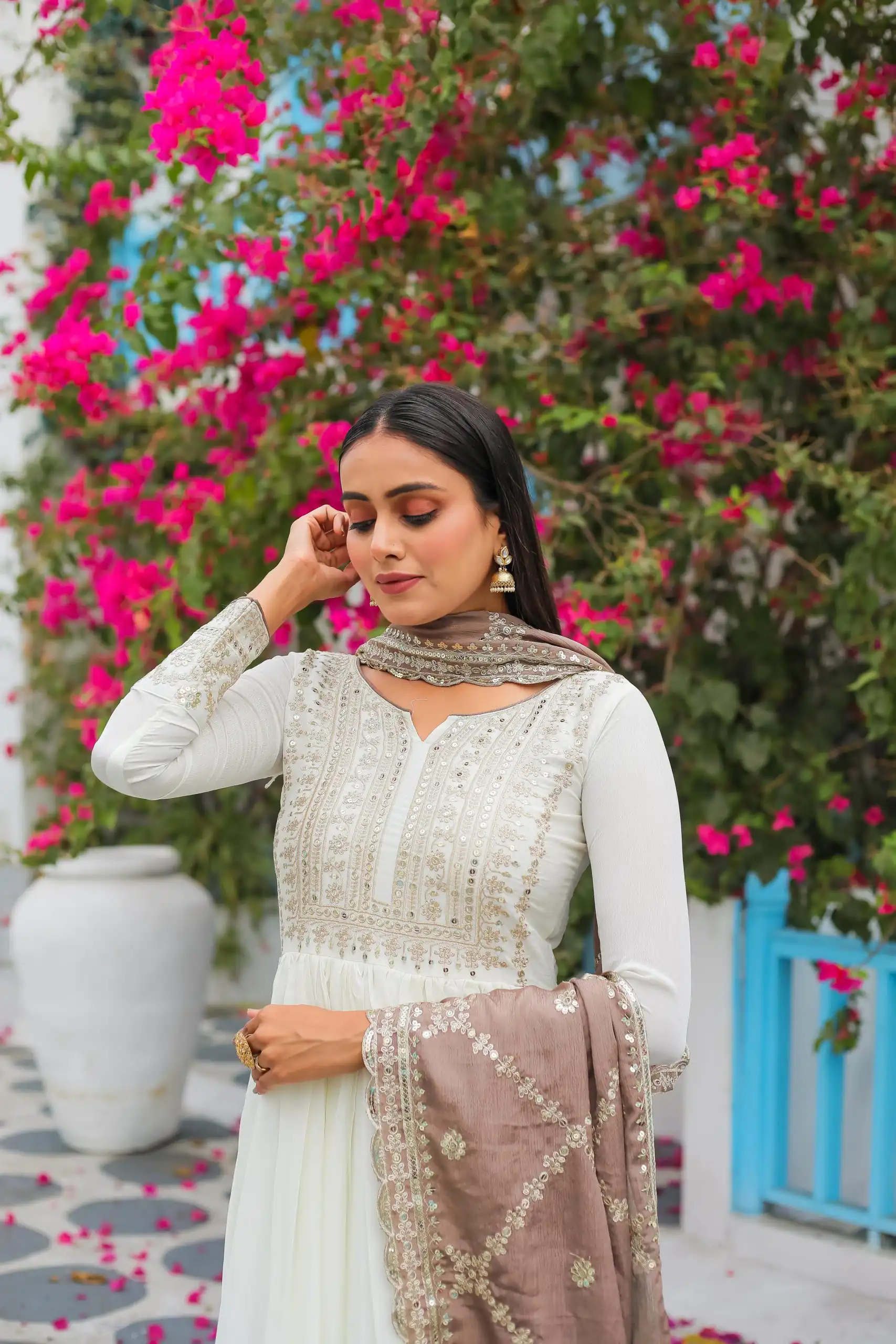Fancy Beige Color Chinon Silk Embroidery Sequence Salwar Suit - Image 3