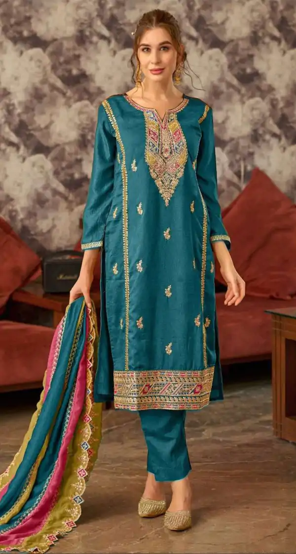 Fancy Blue Vichitra Embroidery Codding Sequence Salwar Suit